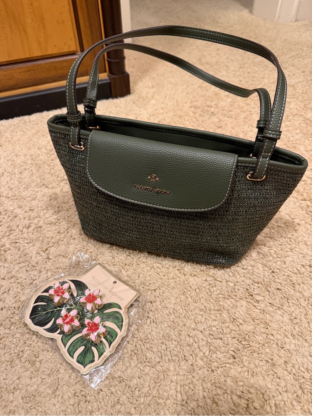 Nanette Lepore Dark Green Woven Shoulder Bag
